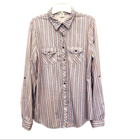 Passport Tops - Long sleeve button down bright oversized striped soft flannel shirt
